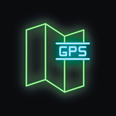 Poster - green neon gps icon glowing on dark background representing global positioning system and navigation
