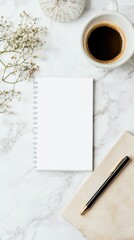 Aufkleber - Cozy workspace setup with coffee cup, notepad, and pen for creative inspiration. Generative AI