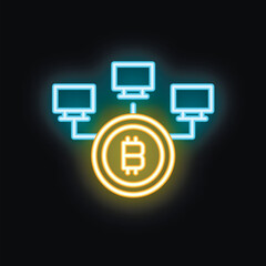 Poster - Neon icon of a bitcoin network connecting computers using blockchain technology