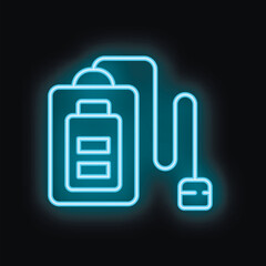 Poster - Blue neon sign showing a smartphone charging with a battery icon on a black background