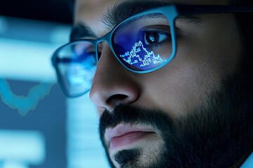 Man wearing glasses is looking at a computer screen with a blue background