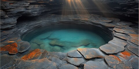 Wall Mural - Mesmerizing Hidden Natural Pool with Pristine Turquoise Waters, Surrounded by Layered Rock Formations and Cascading Sunlight in a Serene Wilderness Setting