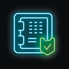 Poster - Neon icon of a document with a checkmark inside a shield, representing data security in a visually appealing way