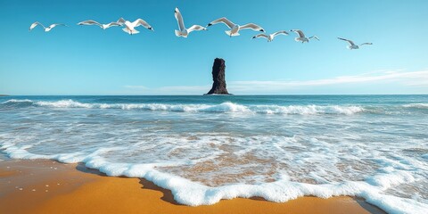 Wall Mural - Breathtaking Coastal Seascape with Seagulls Over Pristine Beach and Ocean Waves by Towering Rock Formation Under Blue Sky - Ocean, Beach, Seagulls, Rock, Waves, Sky