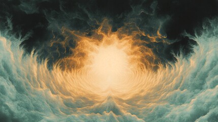 Poster - Abstract swirling cloudscape in teal and gold hues.  A radiant light emanates from the center, creating a celestial or divine atmosphere.