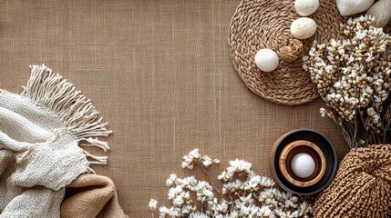 Poster - A beautifully curated tabletop features cozy knit textiles, dried floral elements, and natural woven pieces, evoking a sense of tranquility and warmth in the arrangement