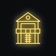 Poster - Bright yellow neon icon of a two story building with a balcony, glowing on a dark background