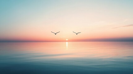 Sticker - Sunset over calm waters with birds flying in serene atmosphere. Generative AI