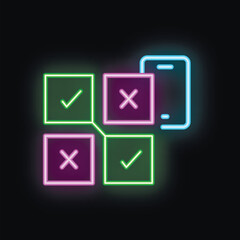 Poster - Neon icon of a smartphone showing a multiple choice quiz with right and wrong answers