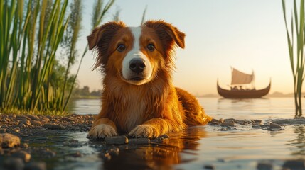 Canvas Print - Charming Brown and White Dog Relaxing by Serene Riverside at Sunset with Viking Ship in Background and Tall Green Reeds, Perfect Tranquil Nature and Pet Image