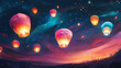 © Thiago - Releasing colorful sky lanterns nighttime festival digital artwork starry background aesthetic perspective cultural celebration. Cultural Aesthetics. Illustration