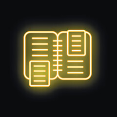 Poster - Yellow neon icon of a spiral notebook with bookmarks, shining on a dark background