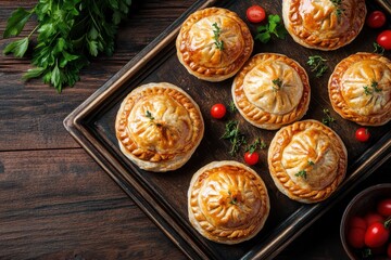 Wall Mural - Tiny meat pastries on a retro tray against a wooden backdrop