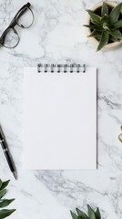 Poster - Blank spiral notebook placed on a marble table surrounded by plants and a pen in a creative workspace setting. Generative AI