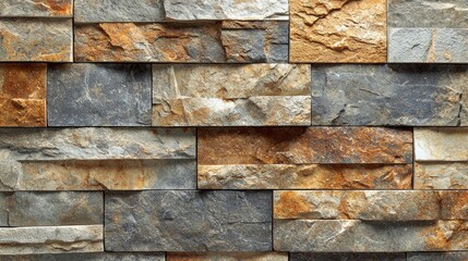 Aufkleber - Unique rectangular stones in shades of gray, brown, and rust create an eye-catching wall feature, enhancing the warmth and character of a modern interior space