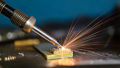 Poster - Close-up shot of a soldering iron applying solder to a microchip, creating sparks.  Dynamic image perfect for illustrating technology, electronics repair, precision work, or industrial processes.