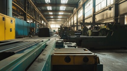 Poster - Industrial Interior View of Large Factory Hall with Machinery and Equipment