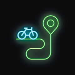 Wall Mural - Neon sign depicting a bicycle route leading to a location pin, symbolizing navigation and destination for cyclists