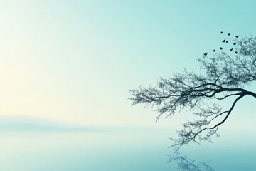 Leinwandbilder - Serene morning by the calm lake with a bare tree and birds taking flight at dawn. Generative AI