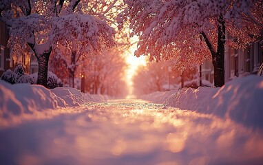 Canvas Print - Snowy street sunset, winter landscape, houses background, postcard