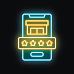 Poster - neon glowing icon of a smartphone displaying an online store review with a five star rating