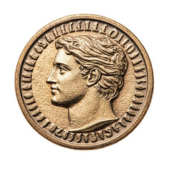 A detailed coin featuring a profile of a young man with wavy hair, characterized by intricate engravings and a circular shape.