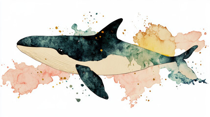 Wall Mural - killer whale, watercolor, A killer whale swims amidst swirling waves in a vibrant, high-fidelity image.