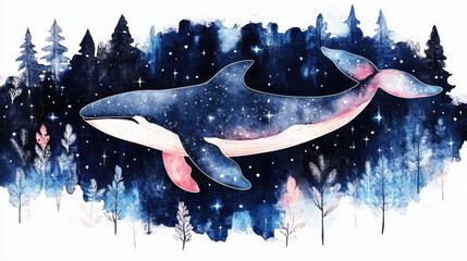 Wall Mural - killer whale, watercolor, A high-fidelity image of a killer whale swimming under a glowing aurora display.