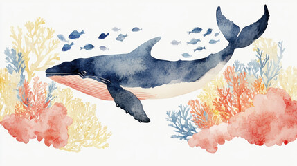 Wall Mural - killer whale, watercolor, A killer whale swims gracefully through a vibrant coral reef in this high-fidelity image.