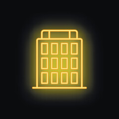 Poster - Yellow neon sign of an office building with illuminated windows is glowing against a black background