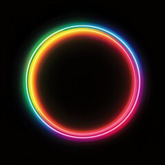 Wall Mural - A brilliant neon circle, filled with rainbow hues, glowing vividly against a black surface