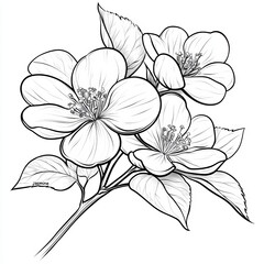 A modern design with Jasmine flowers, buds, and leaves outlined in black, set against a white background. Ornate floral elements for spring designs and coloring books. Jasmine flower in contour or