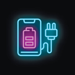 Poster - Neon sign of a smartphone showing its battery charging, connected to an electric plug