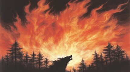 Wall Mural - A lone wolf howls at a fiery sunset, silhouetted against a dramatic sky. Intense oranges and reds dominate the scene.