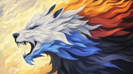 Wall Mural - Fiery Wolf: A majestic digital painting of a wolf with vibrant, flame-like fur in shades of white, blue, orange, and red.