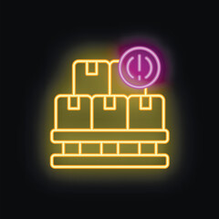 Poster - Neon glowing symbol of cardboard boxes on wooden pallet with warning sign for safe cargo logistics