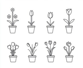 Wall Mural - A modern series of flower line icons that includes a bouquet, flower shop, tulips, rose, flower basket, vase, gardener, and other elements, all created with pixel-perfect accuracy