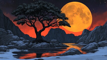 Wall Mural - Serene landscape painting of a lone tree silhouetted against a large, fiery orange moon.