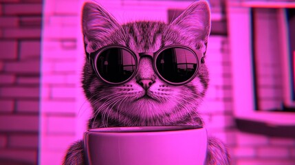 Poster - Cool cat sipping coffee in vibrant pink hues. This stylish feline rocks sunglasses and enjoys a warm beverage.