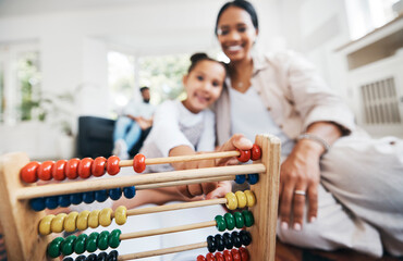 Leinwandbilder - Woman, kid or abacus in home for education, counting or math skill development. Learning, mother or daughter in living room closeup for help, lesson or homework with numbers toy for school assignment