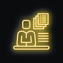 Poster - Yellow glowing neon icon of a businessman working with documents, representing office work