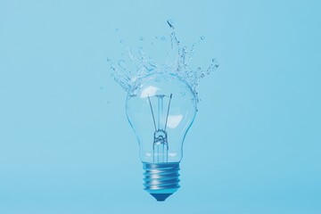 Wall Mural - Water splashing around a lightbulb on blue background capturing innovation concept