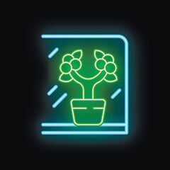 Poster - Neon money tree growing behind window glass on black background