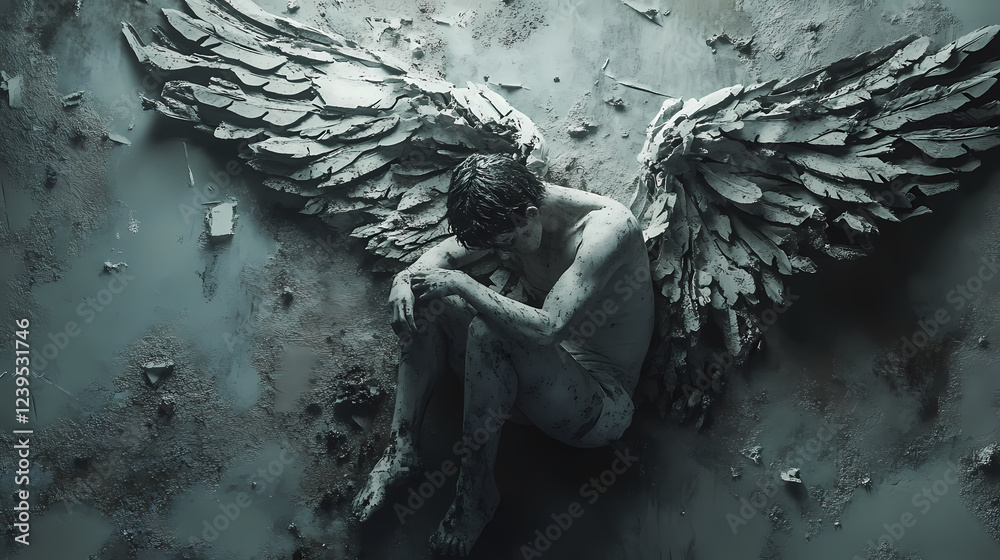 Detailed expression fallen angel shows cracked surfaces and deep ...