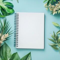 Leinwandbilder - Blank spiral notebook surrounded by green leaves on a blue surface inviting creativity and inspiration. Generative AI