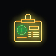 Poster - Green and yellow neon medical report icon glowing on dark background