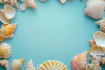 Poster - Beautiful collection of seashells arranged on a light blue background creating an artistic coastal display. Generative AI