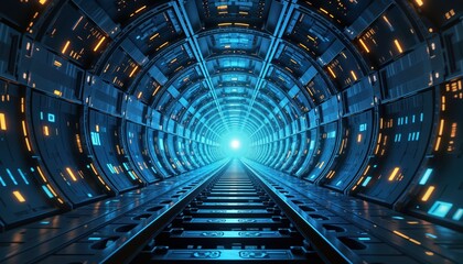 Leinwandbilder - Futuristic tunnel design with glowing tech pattern. Cybersecurity quantum computing concept. Advanced tech system. Blue, orange light accents. Motion blur effect suggests speed, innovation. Intricate
