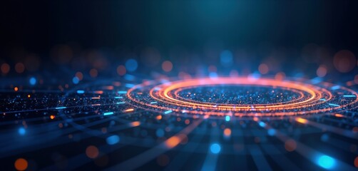 Fototapete - Abstract dark blue tech background shows glowing lines, dots. Futuristic digital innovation design. Dynamic energy system. Circular patterns suggest data flow connection. Modern interface concept.