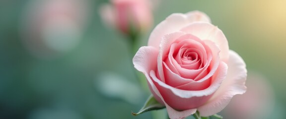 Wall Mural - A stunning close-up of a delicate pink rose, its velvety petals unfurling gracefully in the gentle sunlight. This enchanting flower radiates beauty and tranquility, inviting viewers to appreciate the